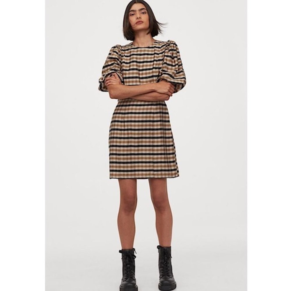 H&M | Brown Beige Plaid Puffed Sleeved Dress